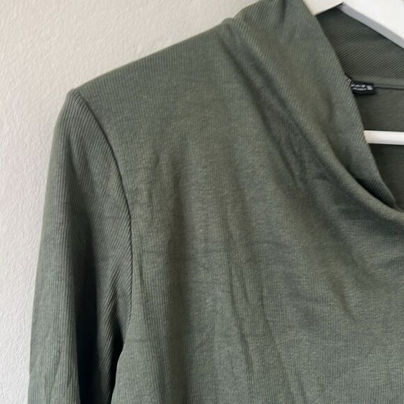 Zara Asymmetrical V Neck Ribbed Long Sleeve Top XL Green Textured Fitted - Picture 3 of 7